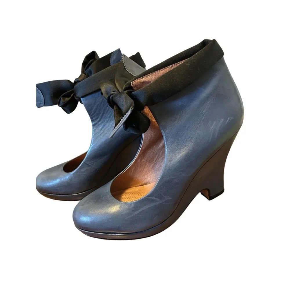 Corso Como Women's Leather Dodie Bow Tie Wedge Shoes Size‎ 7,5 Blue Comfortable